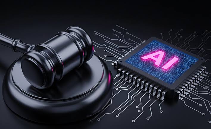 Abstract representation of artificial intelligence and law — circuitry, neural network patterns, or a stylised balance of technology and justice.